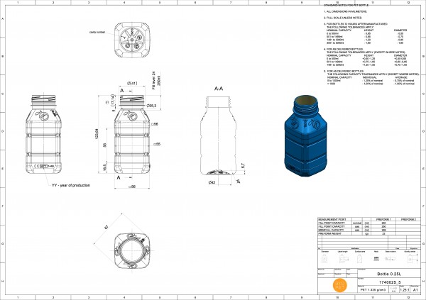 Quadratische gepresste PET-Flasche 250ml